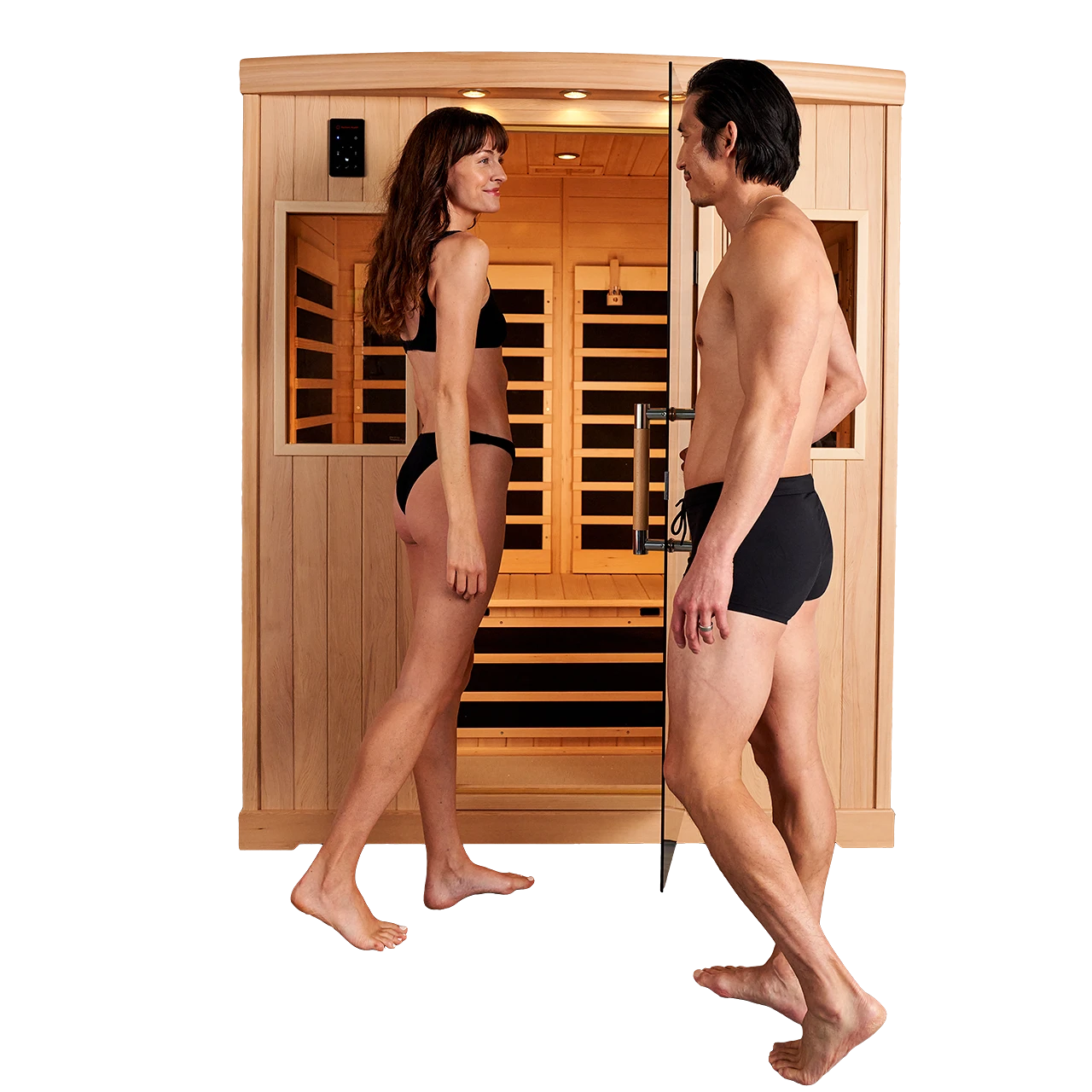 Two guests entering the Radiant Health Pause infrared sauna