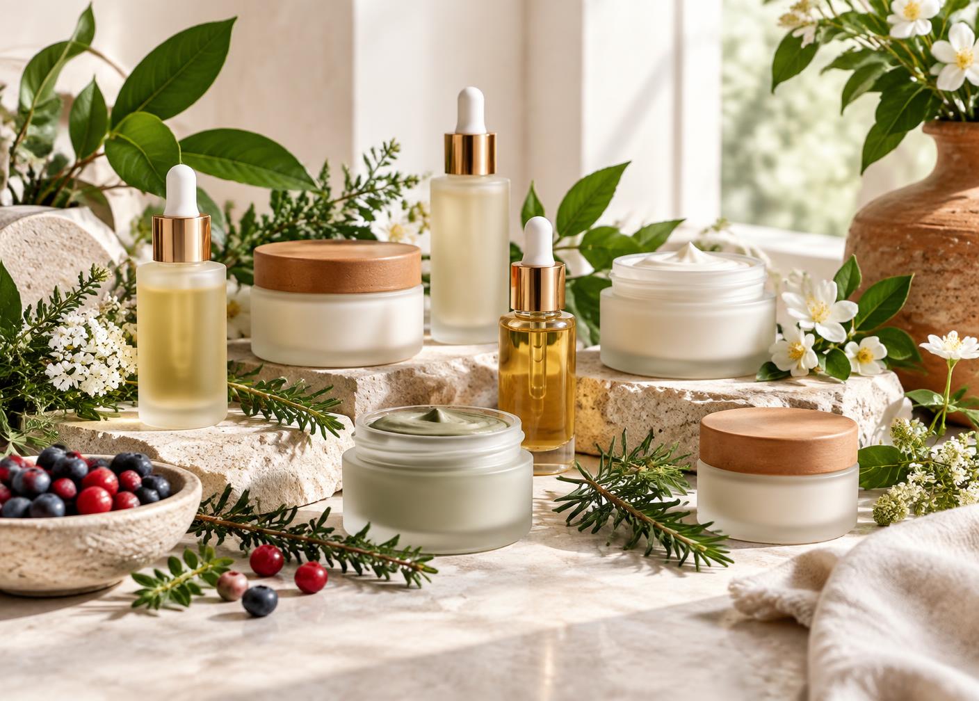 Botanical skin care products with fresh herbs, berries, and flowers